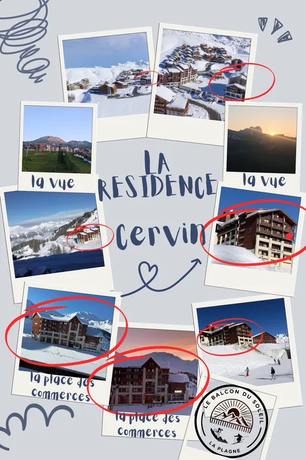 Collage Résidence Cervin : vue, commerces, environnement de La Plagne Soleil